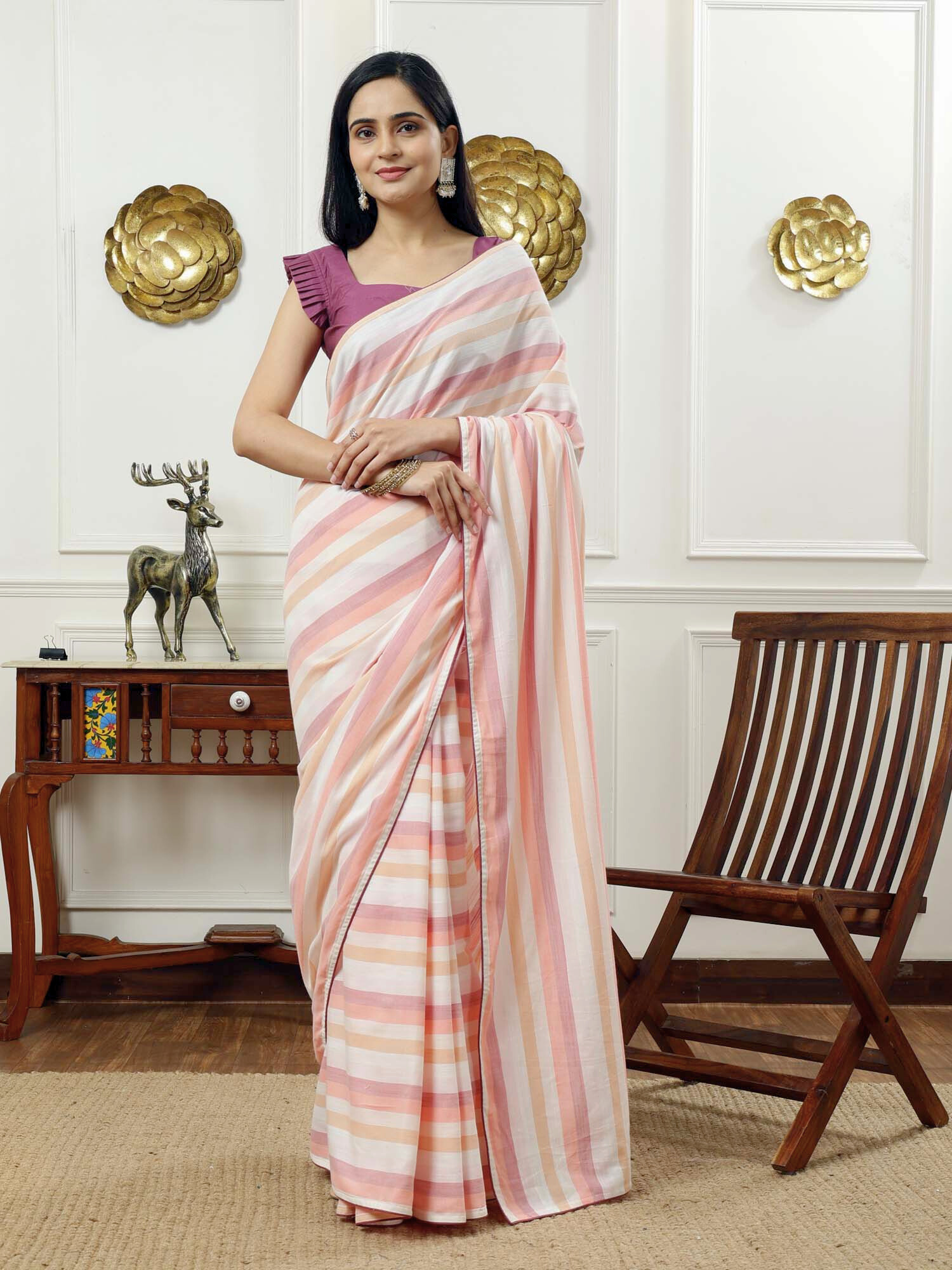 Soothing Multicolor Cotton Striped Saree Ruffle Sleeve Blouse