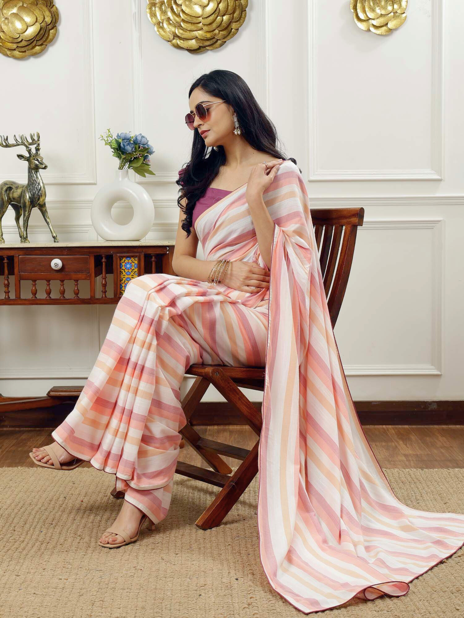 Soothing Multicolor Cotton Striped Saree Ruffle Sleeve Blouse