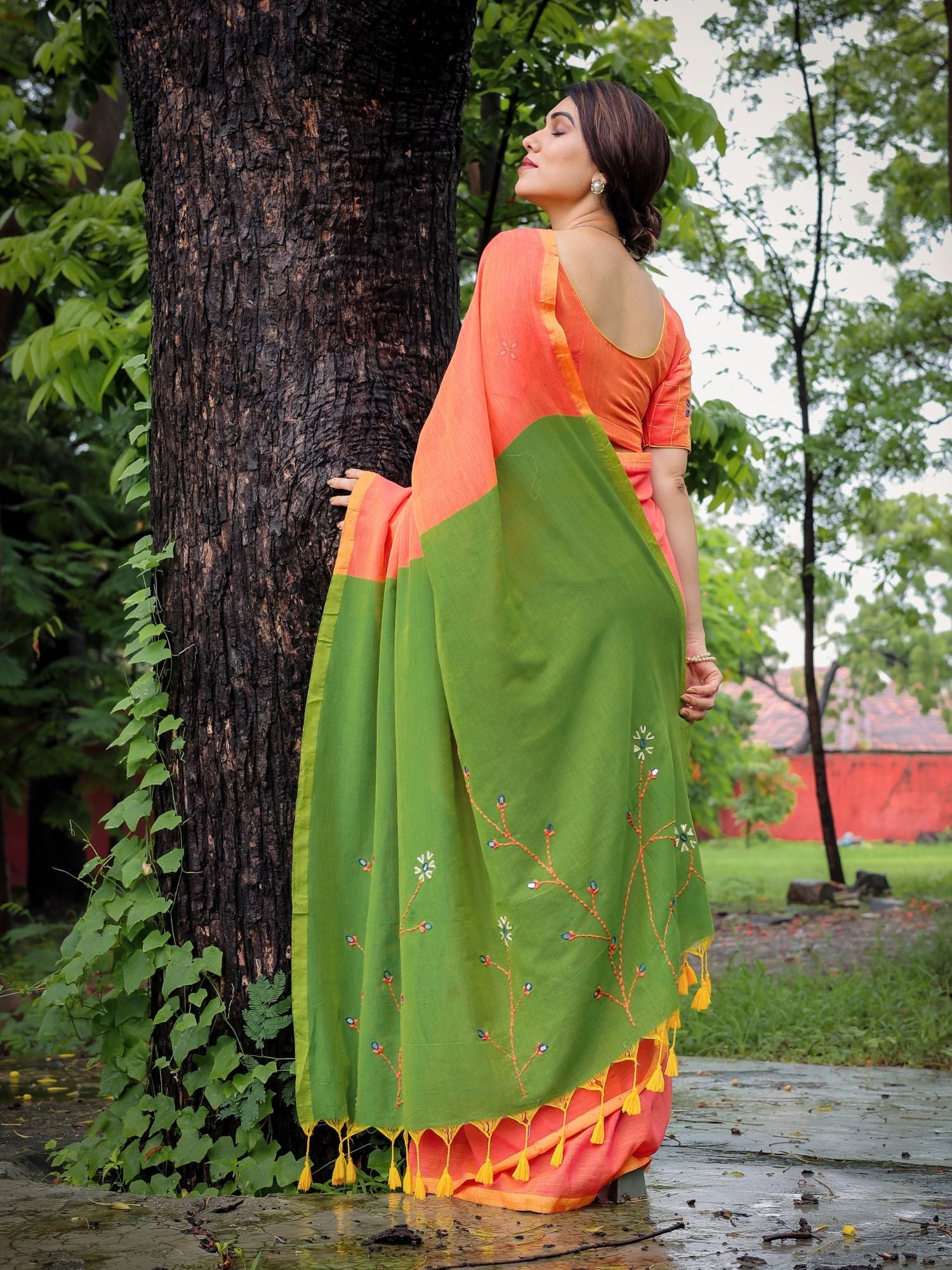 Dual Color Multicolor Orange Green Cotton Floral Embroidery Saree