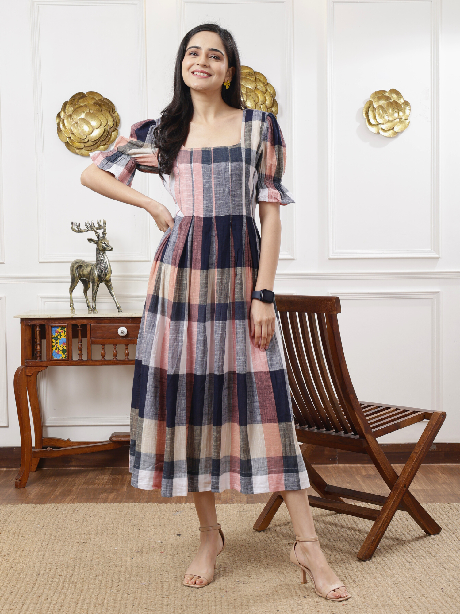 Best-Selling Multicolor Pink Black White Slub Cotton Checks Box Pleat Dress