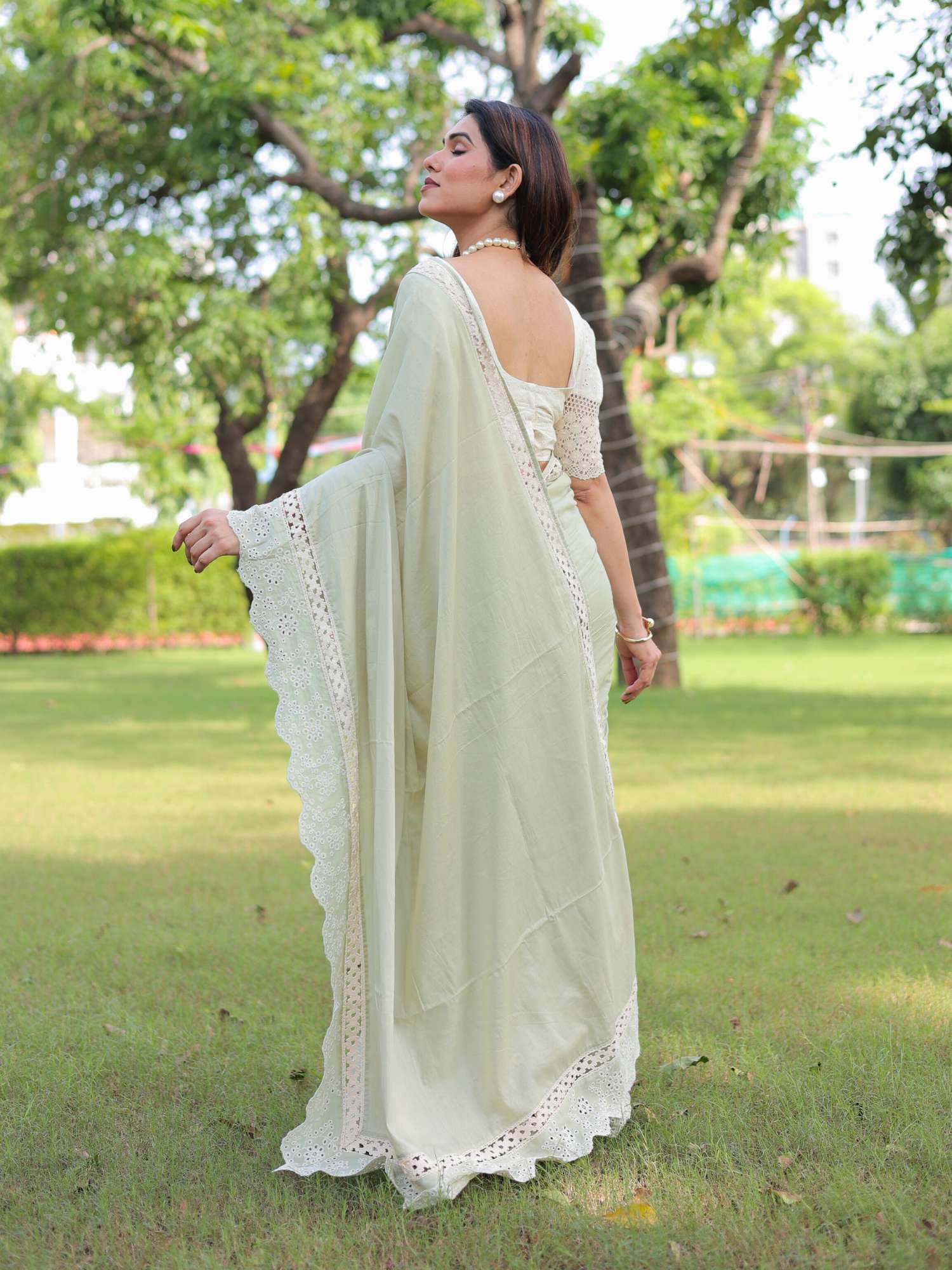 Refined Pastel Green Cotton Lace Border Saree Schiffli Blouse - Parvati