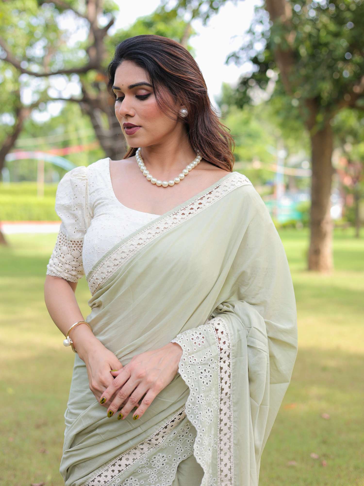 Refined Pastel Green Cotton Lace Border Saree Schiffli Blouse - Parvati