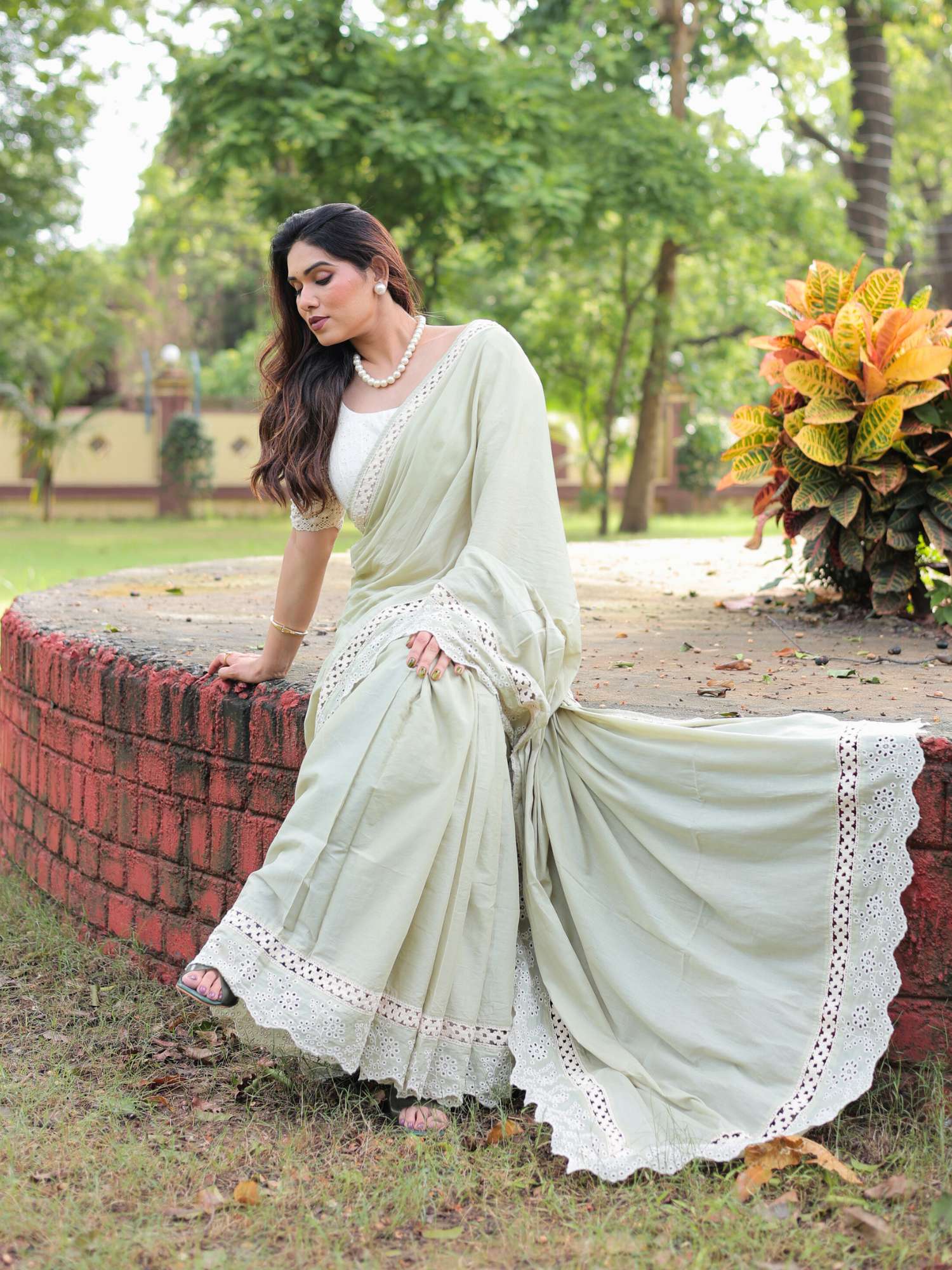 Refined Pastel Green Cotton Lace Border Saree Schiffli Blouse - Parvati