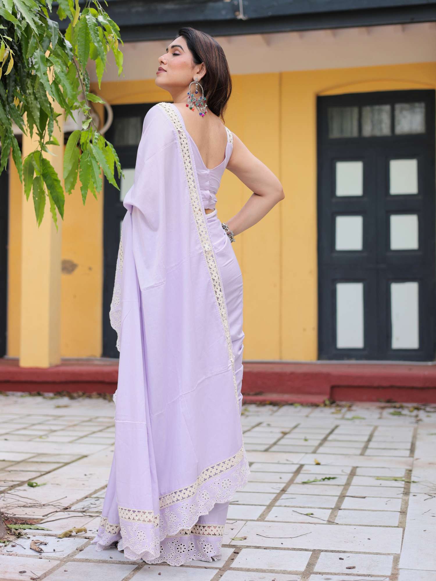 Refined Lilac Purple Cotton Lace Border Saree Schiffli Blouse - Lakshmi