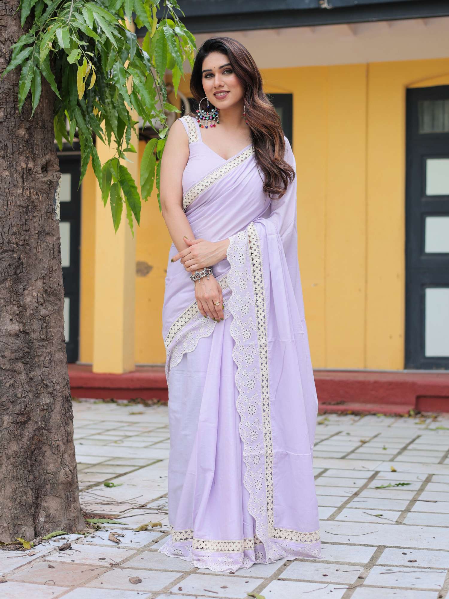 Refined Lilac Purple Cotton Lace Border Saree Schiffli Blouse - Lakshmi