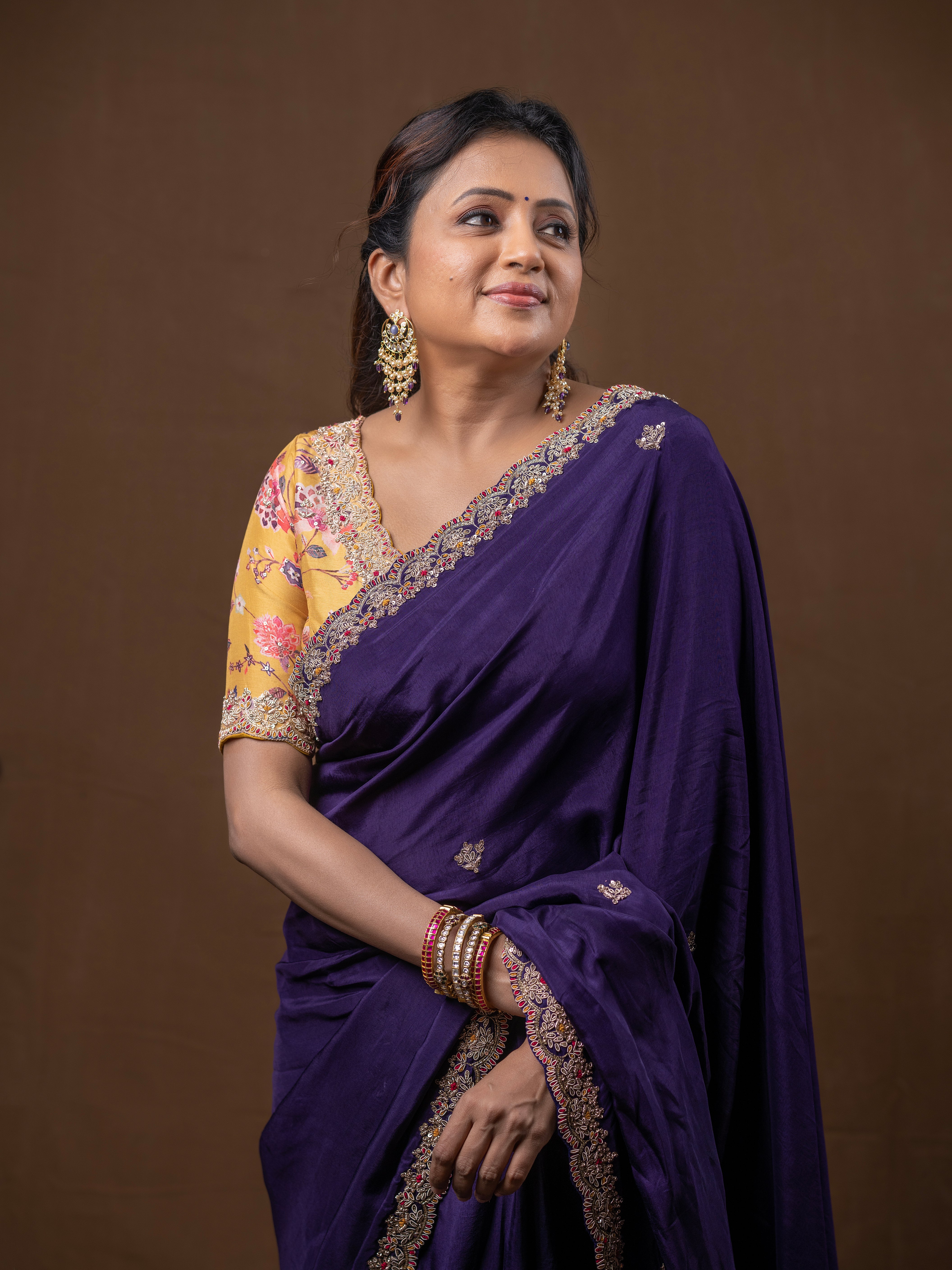 Purple Silk Saree Zardosi Cutdana Beads Yellow Printed Blouse