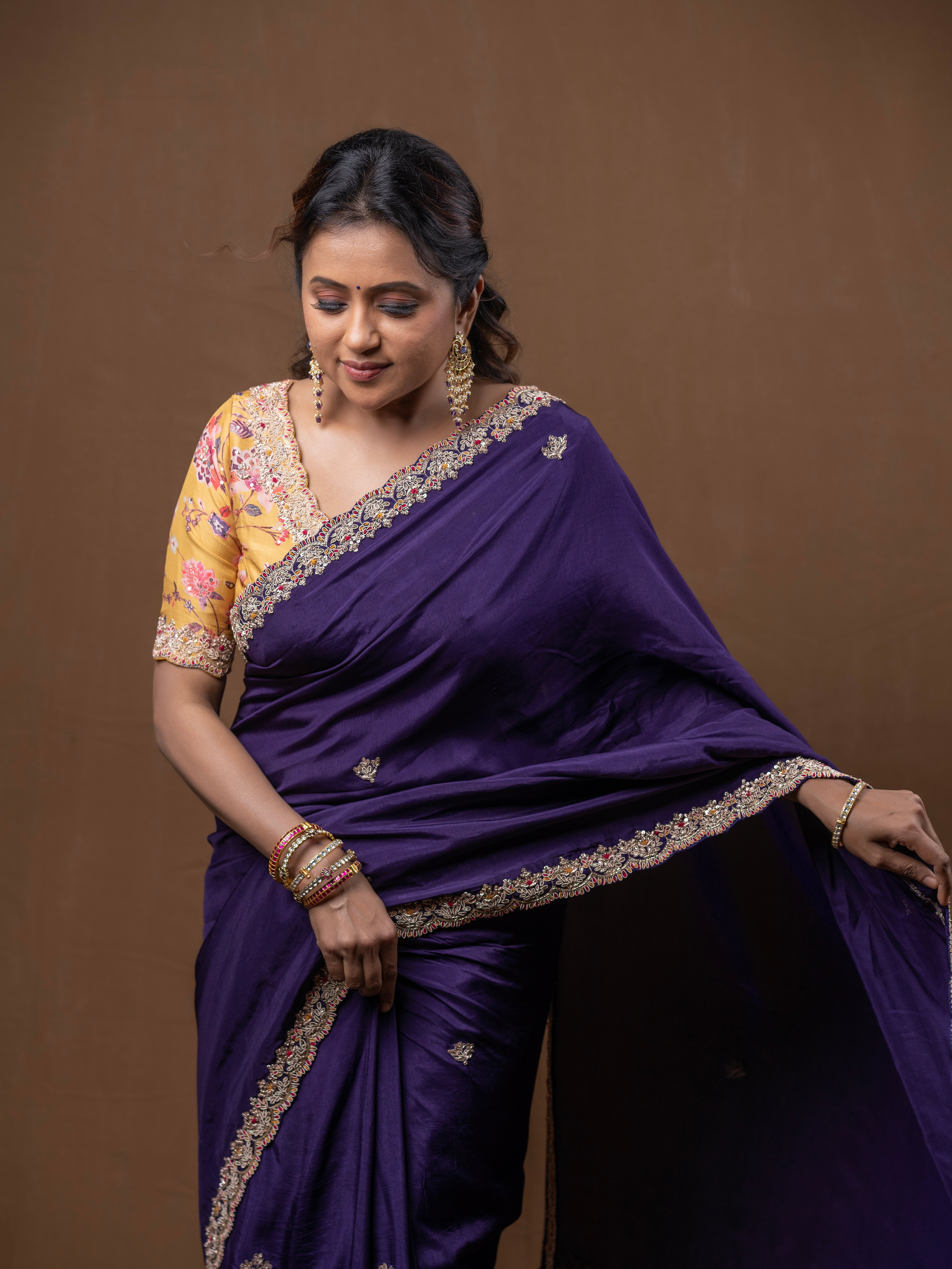Purple Silk Saree Zardosi Cutdana Beads Yellow Printed Blouse