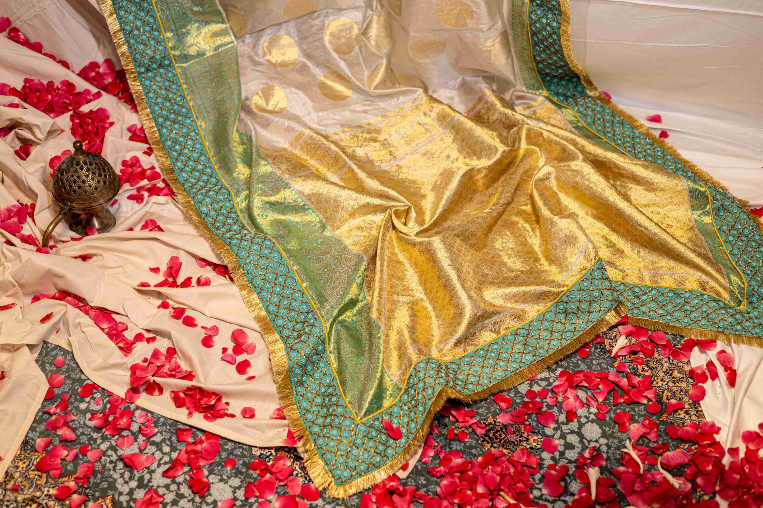 Blue Ivory Yellow Venkatgiri Tissue Polka Dot Saree Zardosi Chikankari