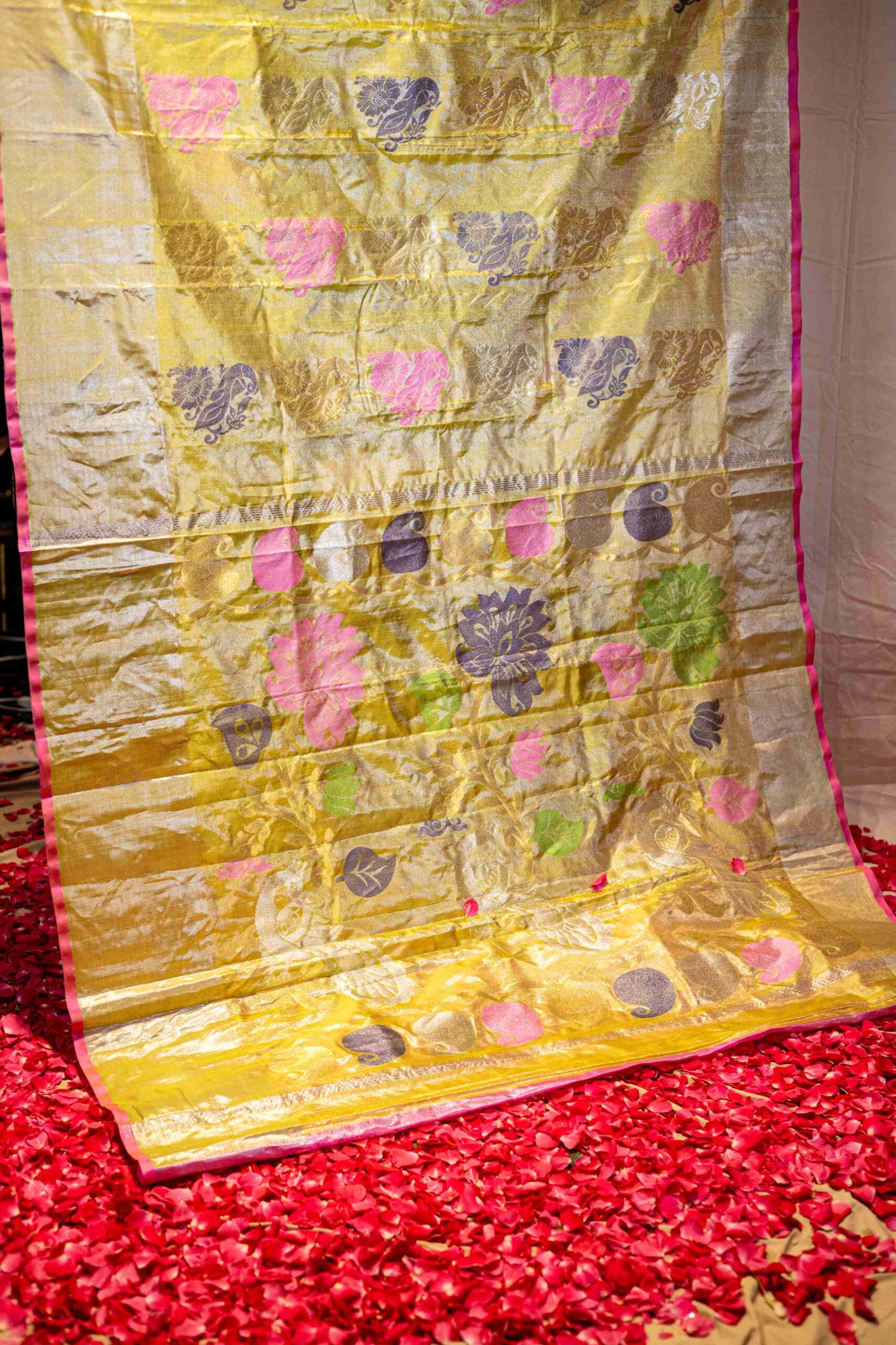 Neon Yellow Venkatgiri Tissue Saree Neon Pink Trim Peacock Motif