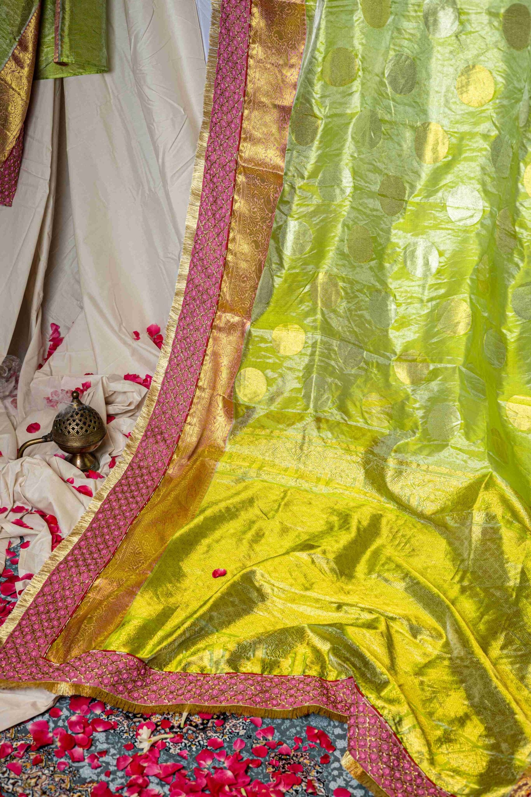 Pink Green Terracotta Venkatgiri Tissue Polka Dot Saree Zardosi Border