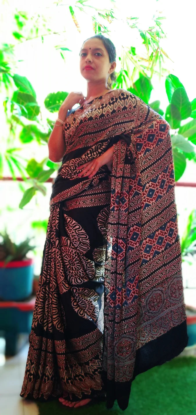Blue Red Black Modal Silk Ajrakh Handblock Saree Geometric Floral