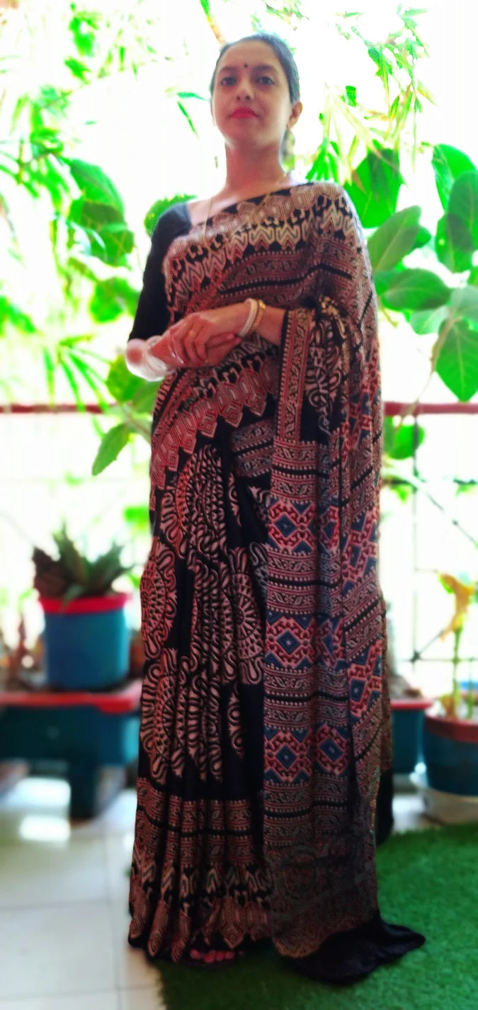 Blue Red Black Modal Silk Ajrakh Handblock Saree Geometric Floral