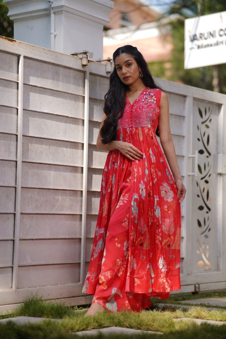 Ignite Red Floral Georgette Anarkali - Flared Anarkali Suit