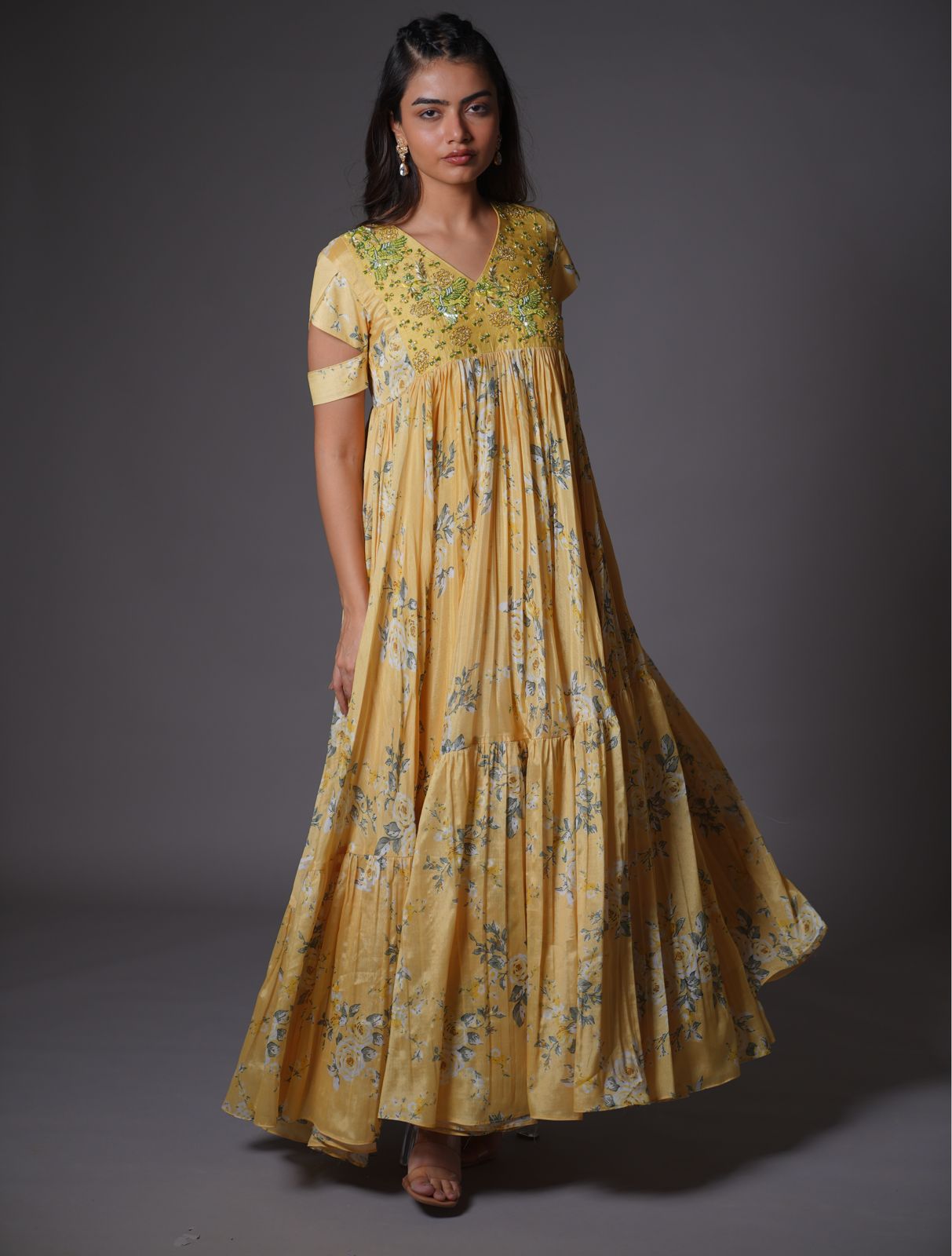 Bumblebee Yellow Floral Chiffon Gown - Party Gown