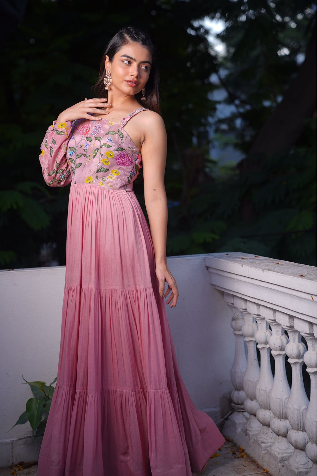 Mauve Pink One-Shoulder Georgette Anarkali - Flared Anarkali