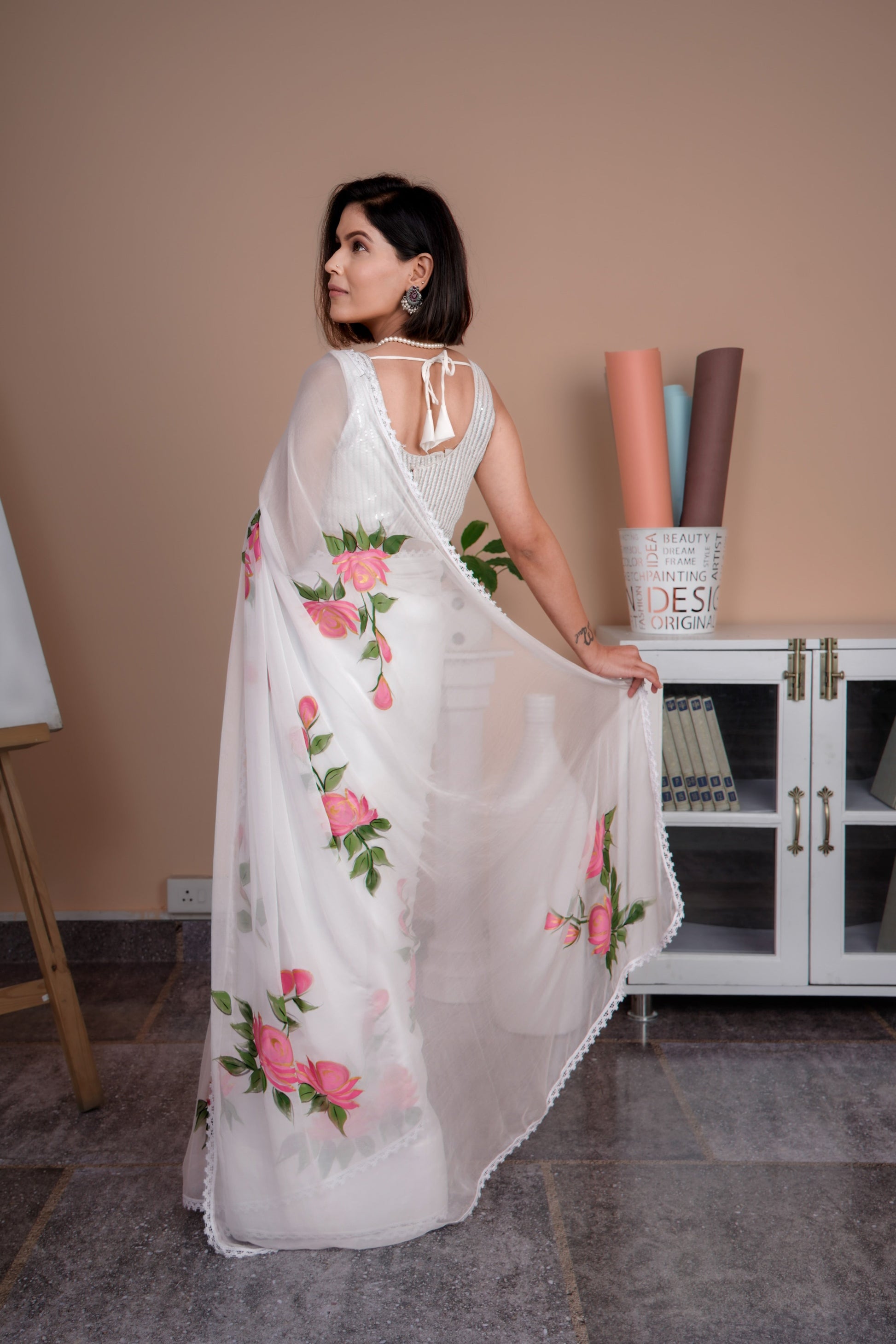 Serene White Chiffon Handpainted Saree Lace Border Floral