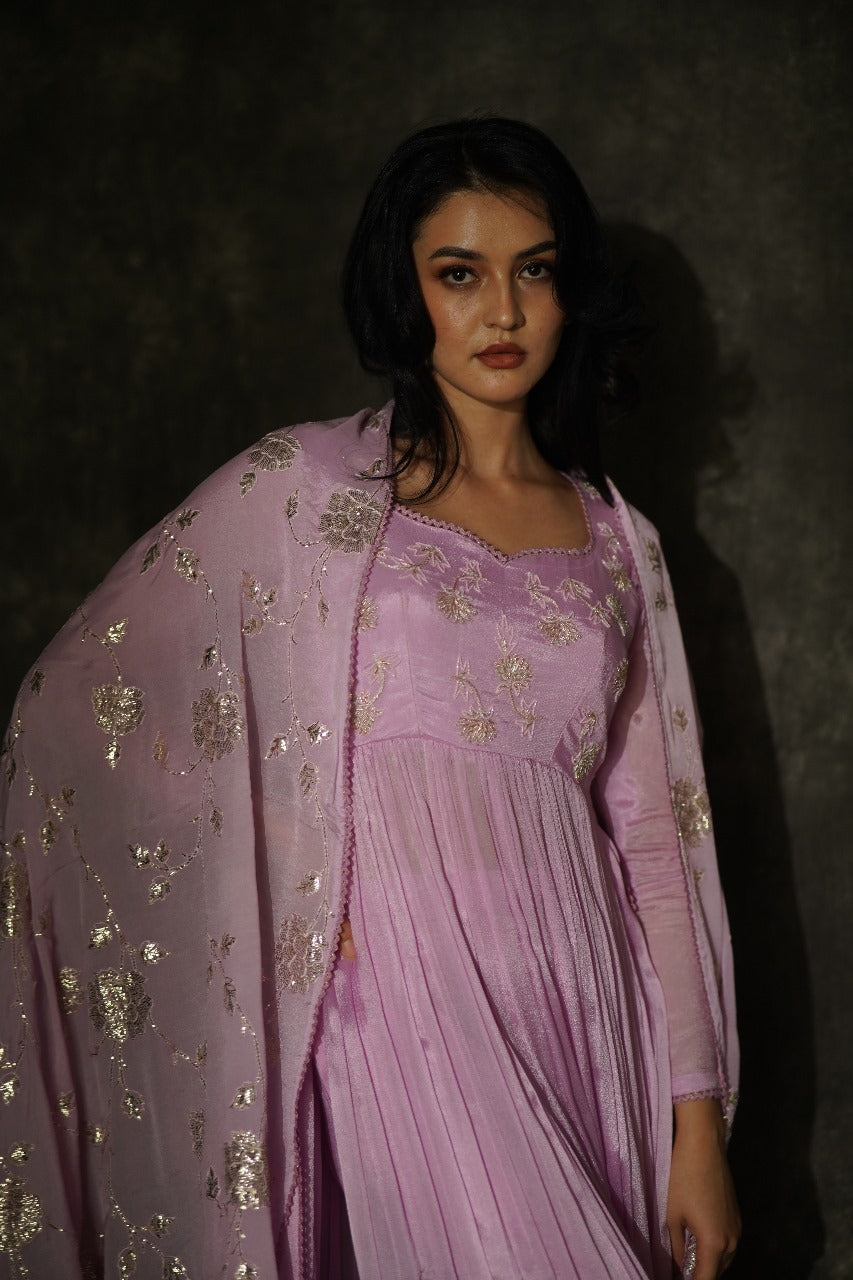 Manorama Lavender High Chiffon Anarkali with Crocia Borders - Wedding Wear Anarkali