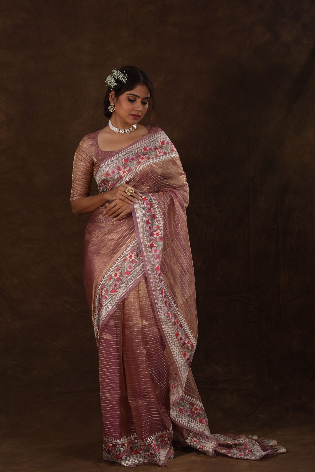 Aurum Lavender & Rose Gold Striped Golden Tissue Banarasi Saree - Embroidered Borders