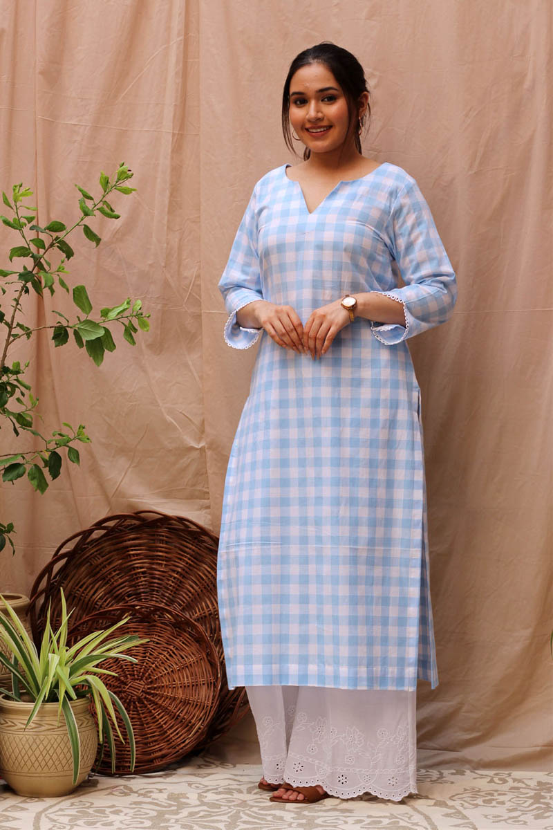 Serene Blue White Cotton Checked Kurta Scalloped Flared Pant Set