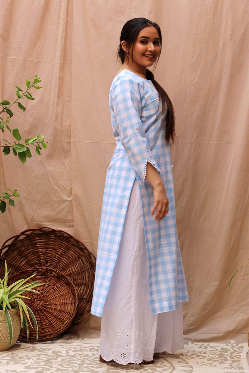 Serene Blue White Cotton Checked Kurta Scalloped Flared Pant Set