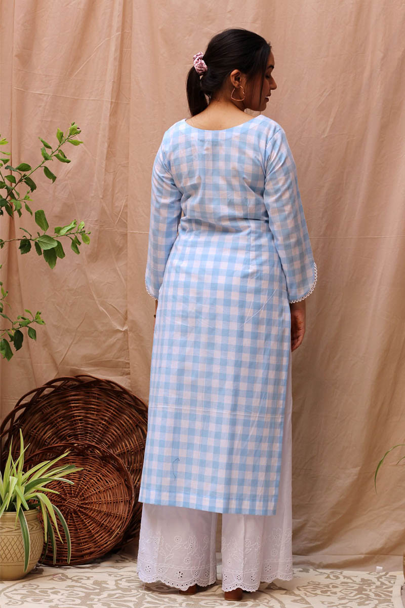 Serene Blue White Cotton Checked Kurta Scalloped Flared Pant Set