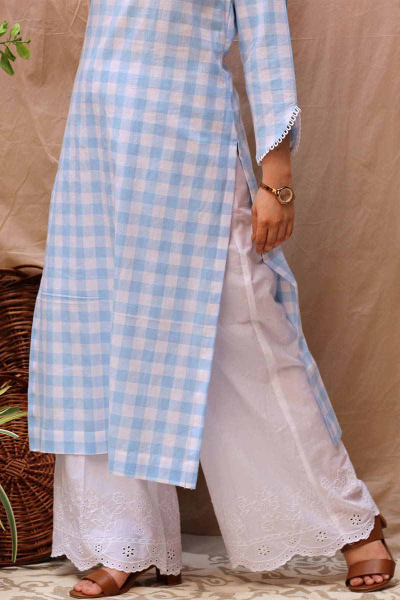 Serene Blue White Cotton Checked Kurta Scalloped Flared Pant Set