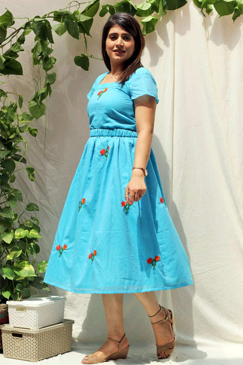 Pretty Blue Cotton Floral Embroidered Dress with Back Bow - Chic