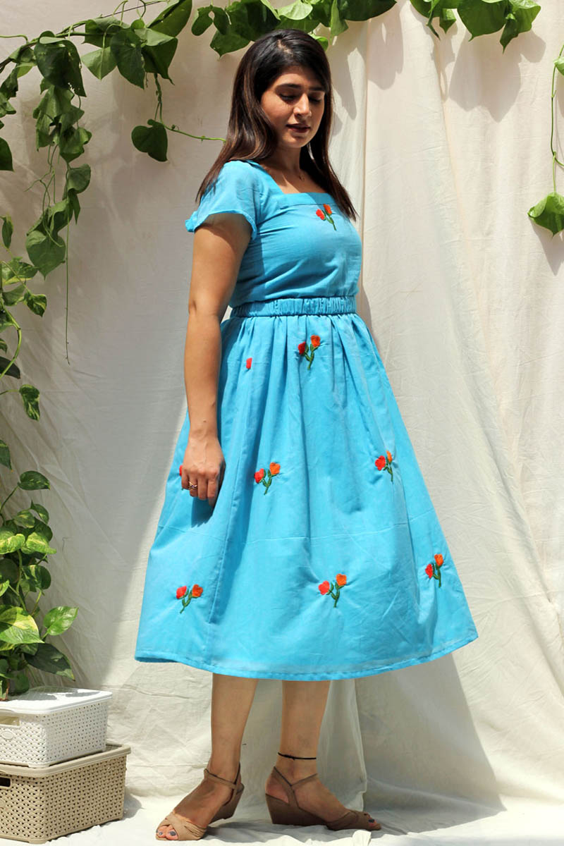 Pretty Blue Cotton Floral Embroidered Dress with Back Bow - Chic