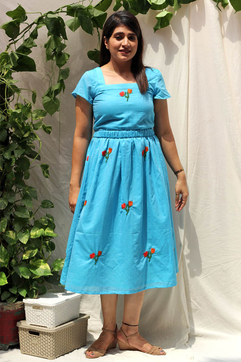 Pretty Blue Cotton Floral Embroidered Dress with Back Bow - Chic
