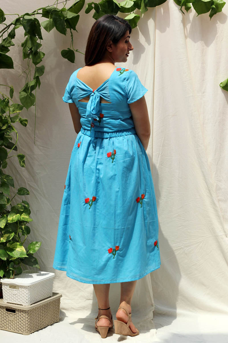 Pretty Blue Cotton Floral Embroidered Dress with Back Bow - Chic