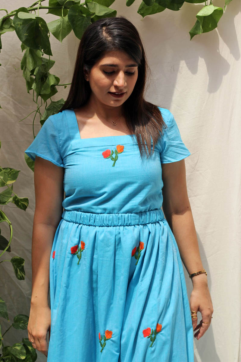 Pretty Blue Cotton Floral Embroidered Dress with Back Bow - Chic