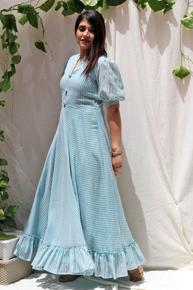 Cool Powder Blue Cotton Lurex Striped Long Dress - Moonlight