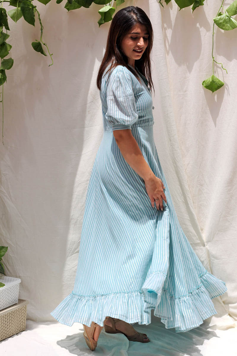 Cool Powder Blue Cotton Lurex Striped Long Dress - Moonlight