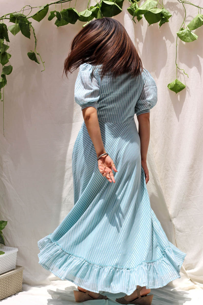 Cool Powder Blue Cotton Lurex Striped Long Dress - Moonlight