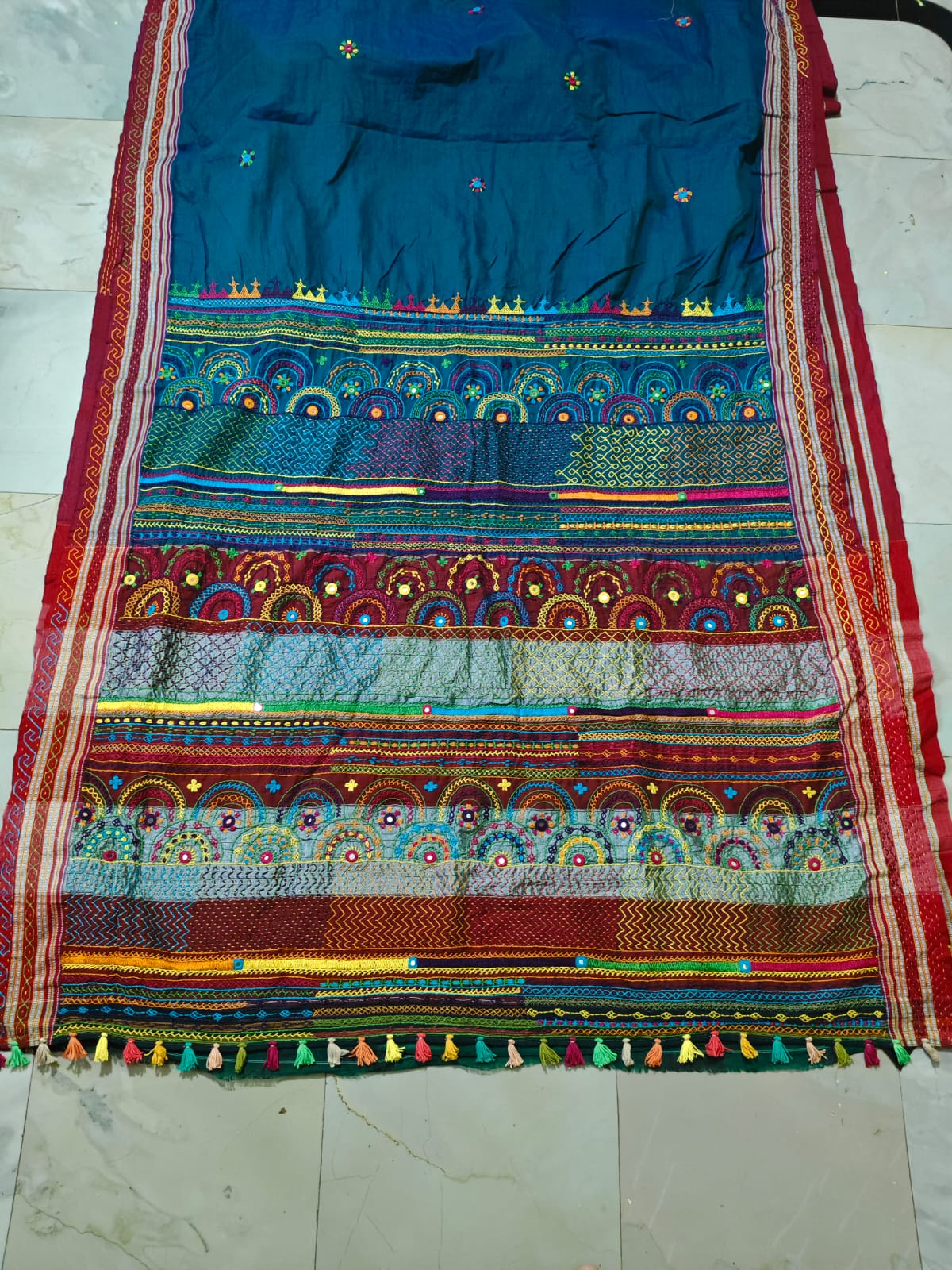 Teal Blue Kora Cotton Lambani Tribal Hand Embroidered Saree Nature Inspired
