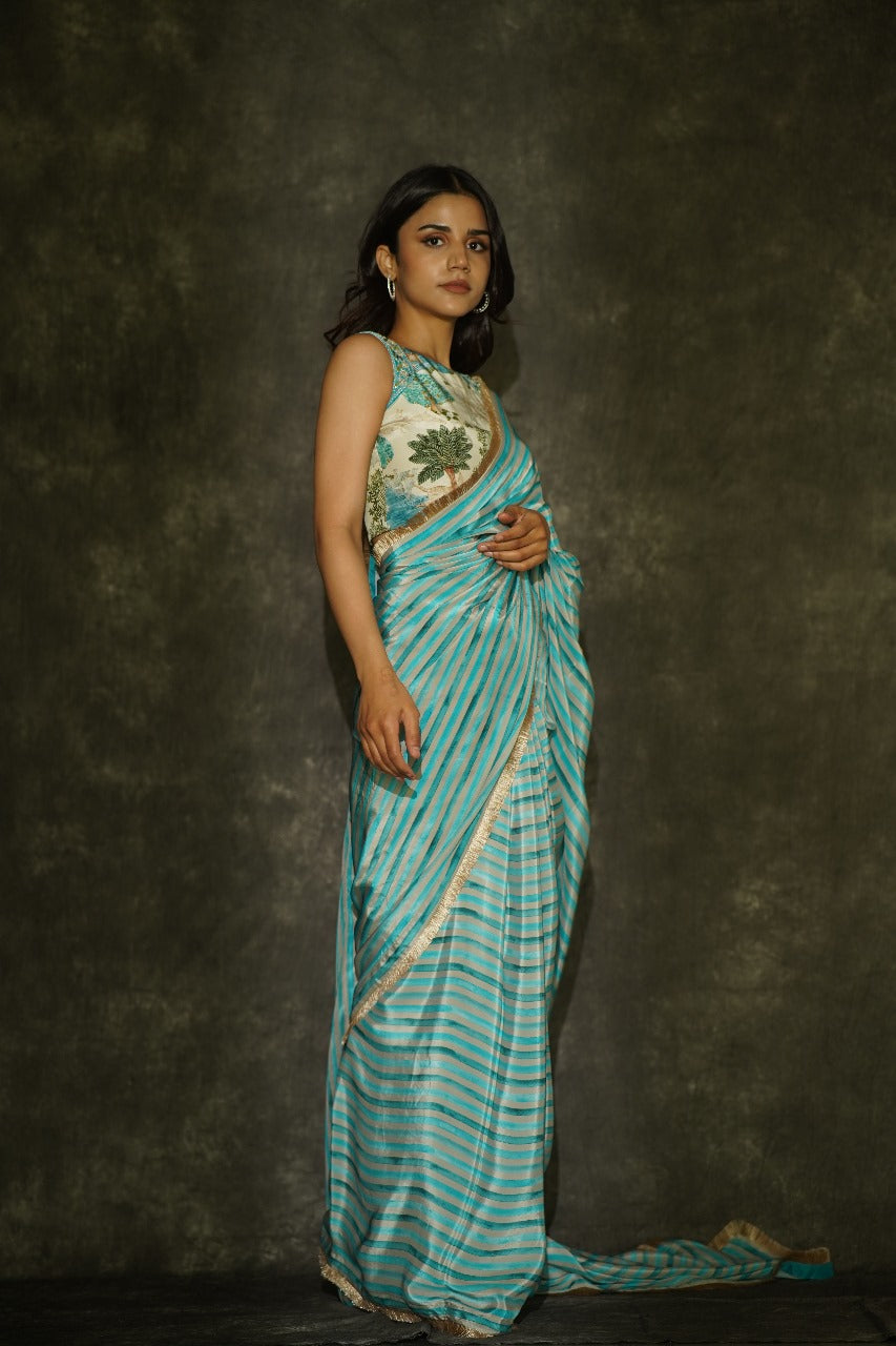 Manorama Blue Origin Striped Crepe Saree with Golden Lace - Figurative Blouse