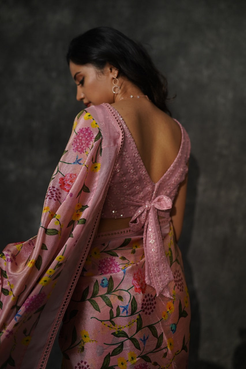 Manorama Tissue Garden Floral Saree with Chikankari Stripes Blouse - Pure Tissue