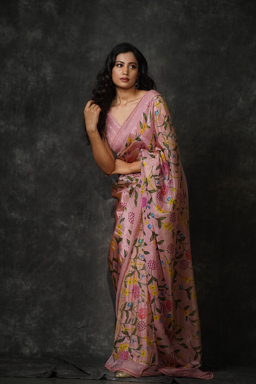 Manorama Tissue Garden Floral Saree with Chikankari Stripes Blouse - Pure Tissue