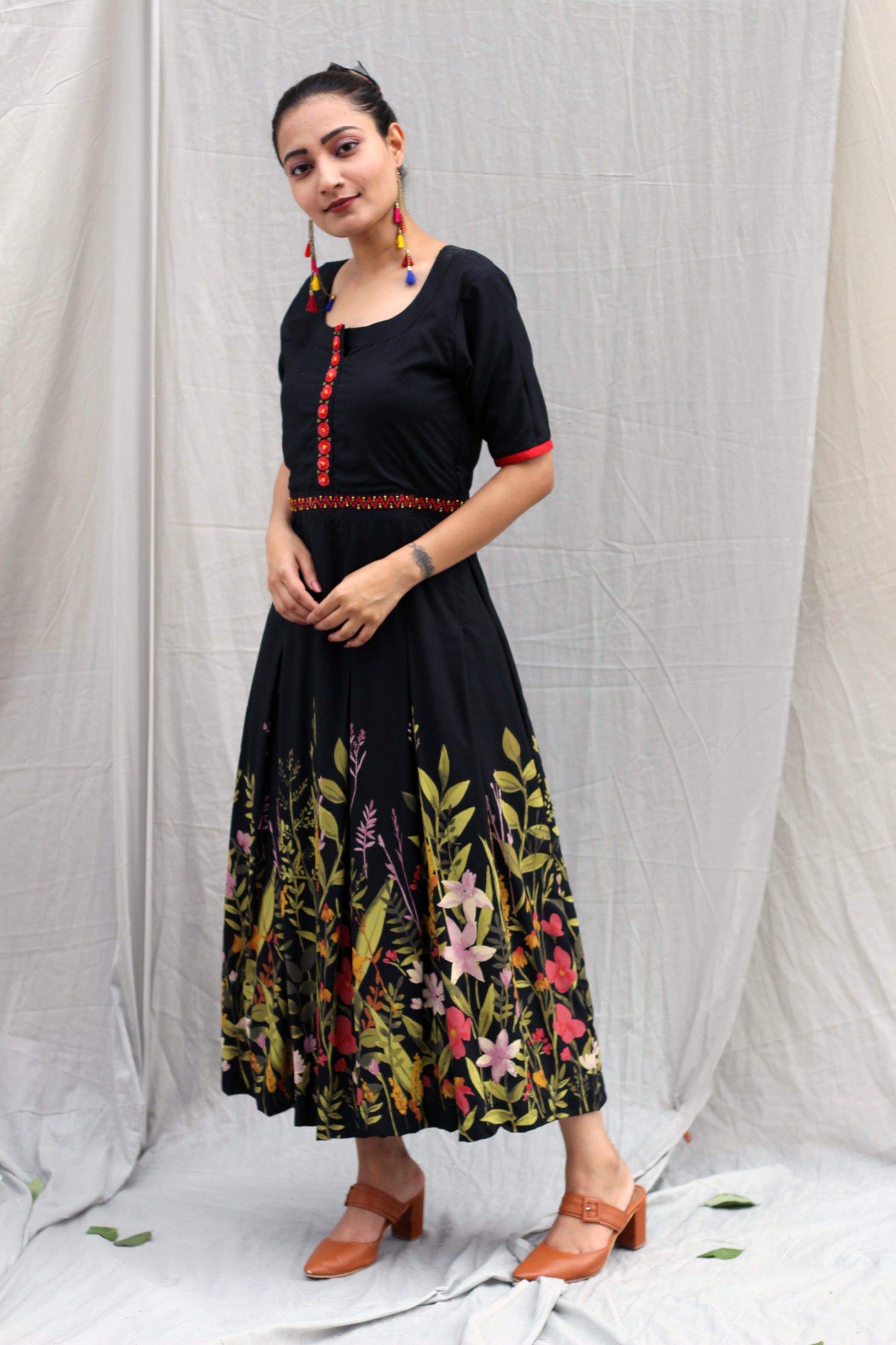 Comfy Black Cotton Printed Hem Hand Embroidered Dress - Poppy Fields