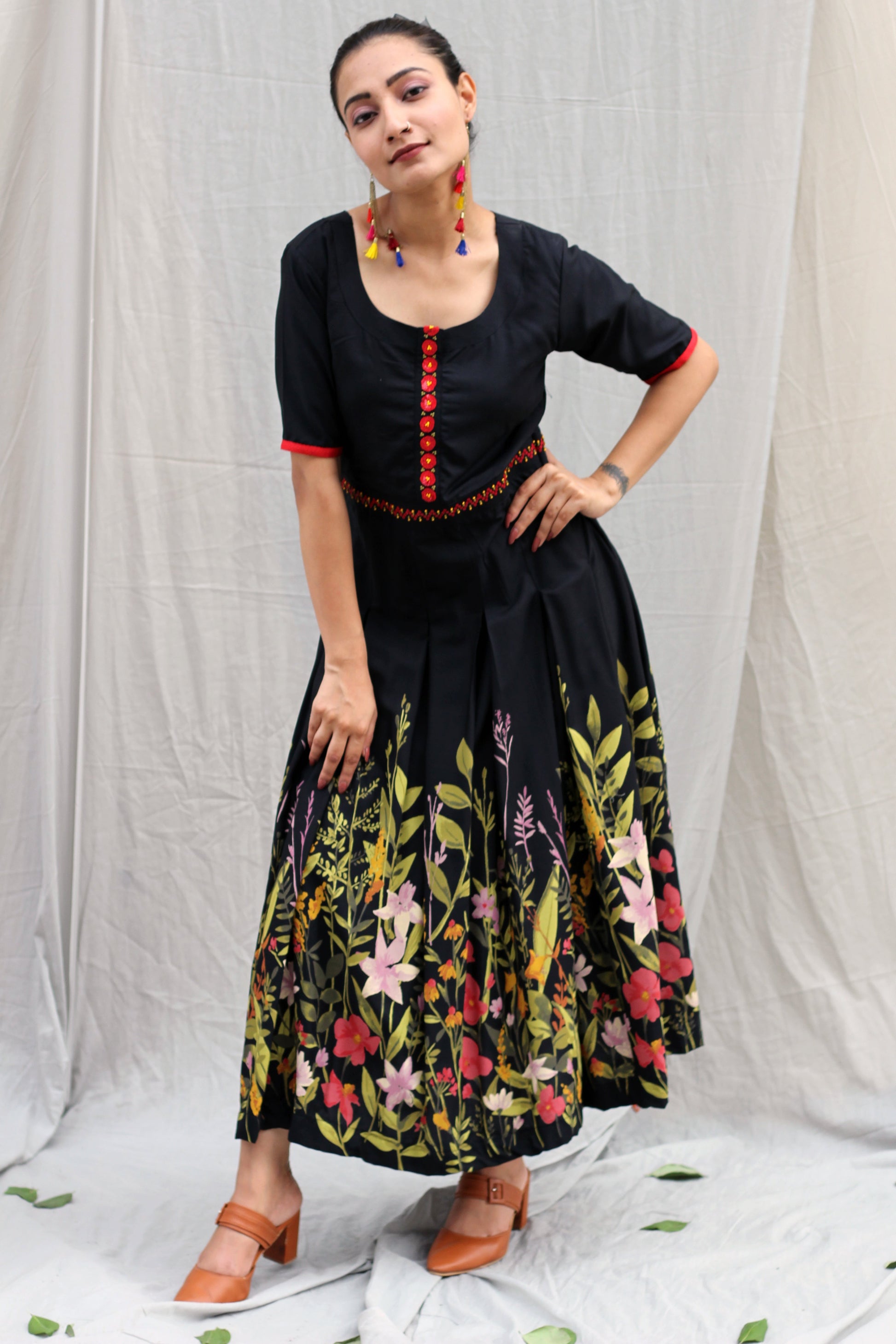 Comfy Black Cotton Printed Hem Hand Embroidered Dress - Poppy Fields