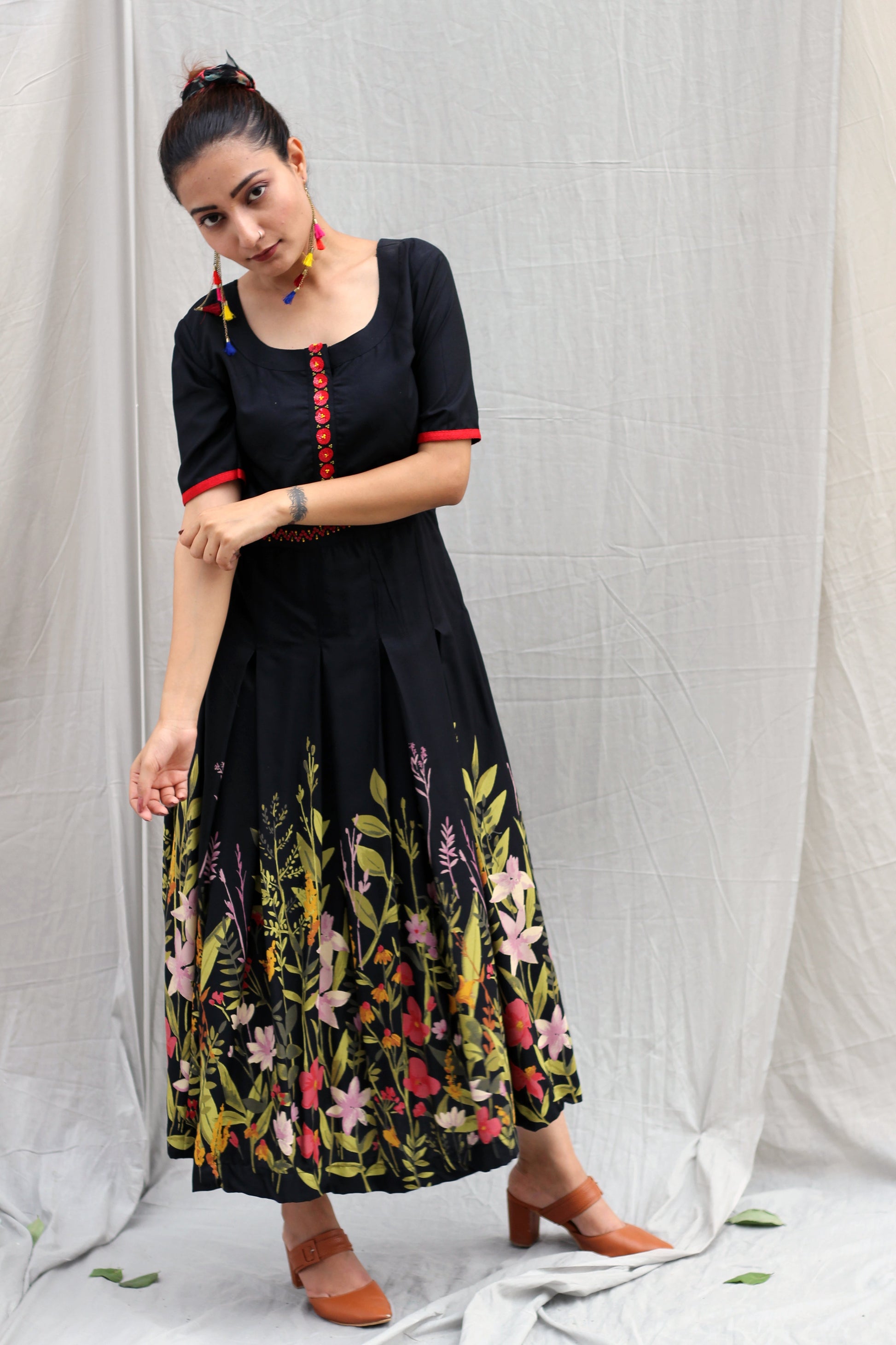 Comfy Black Cotton Printed Hem Hand Embroidered Dress - Poppy Fields