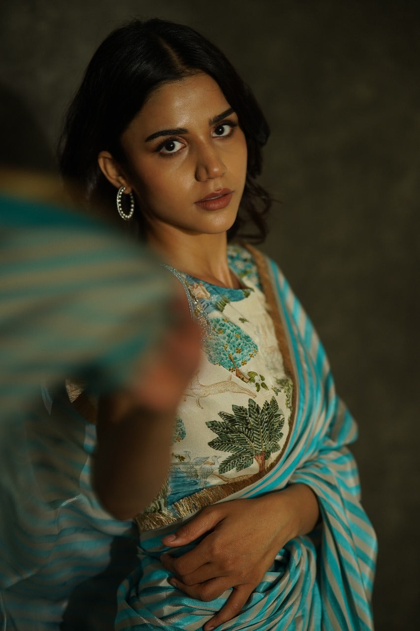 Manorama Blue Origin Striped Crepe Saree with Golden Lace - Figurative Blouse