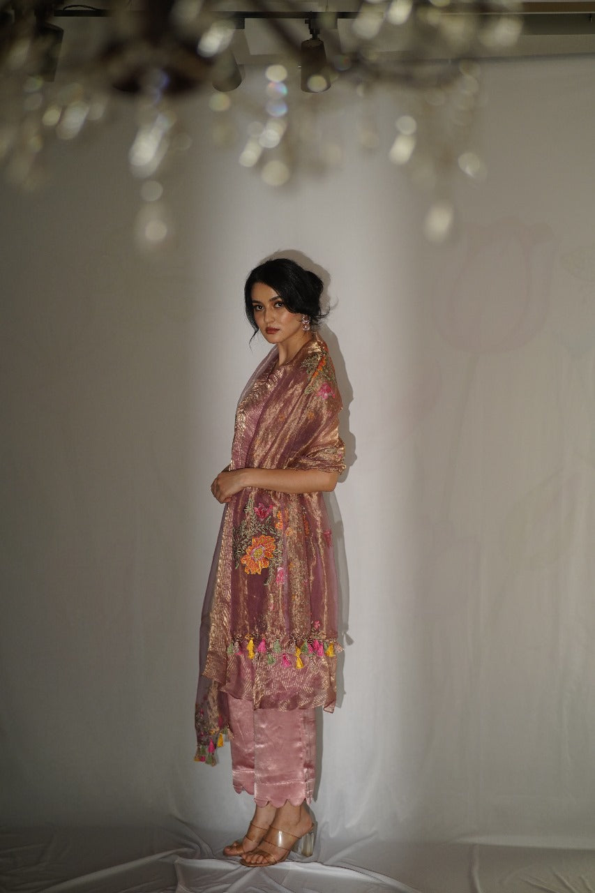 Manorama Roselyn Floral Banaras Tissue Anarkali Kurti with Pants - Thread Work