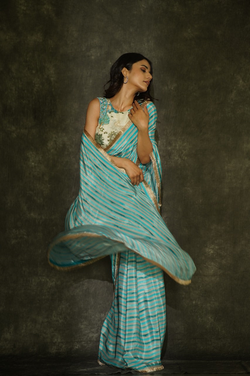 Manorama Blue Origin Striped Crepe Saree with Golden Lace - Figurative Blouse