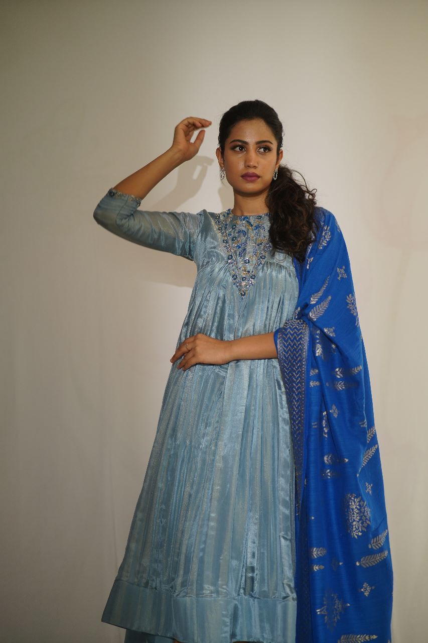 Ethereal Sky Blue Grey Tissue Anarkali Royal Blue Dupatta
