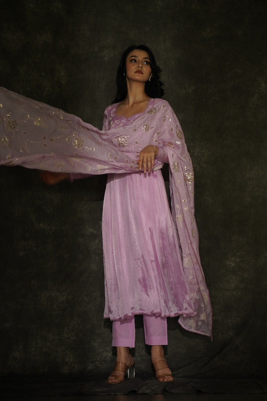 Manorama Lavender High Chiffon Anarkali with Crocia Borders - Wedding Wear Anarkali