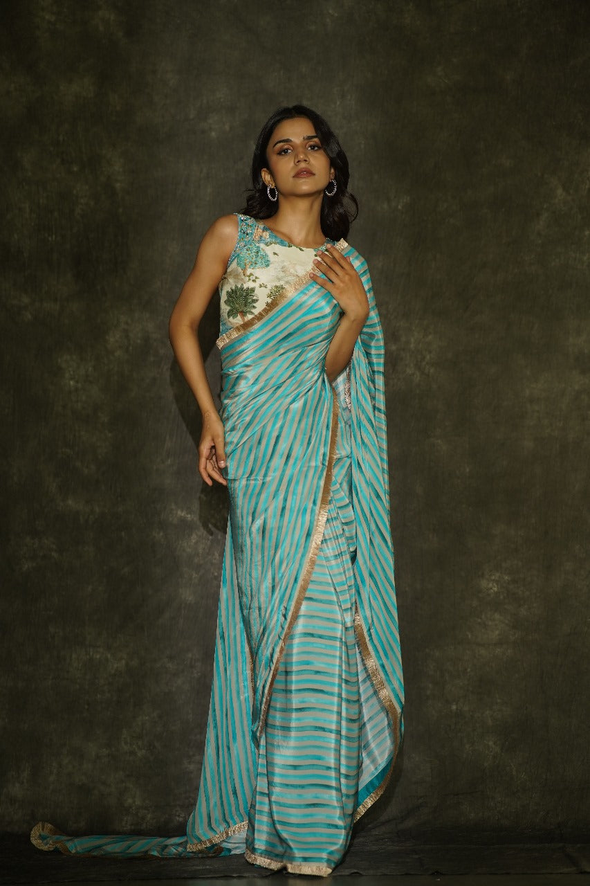 Manorama Blue Origin Striped Crepe Saree with Golden Lace - Figurative Blouse