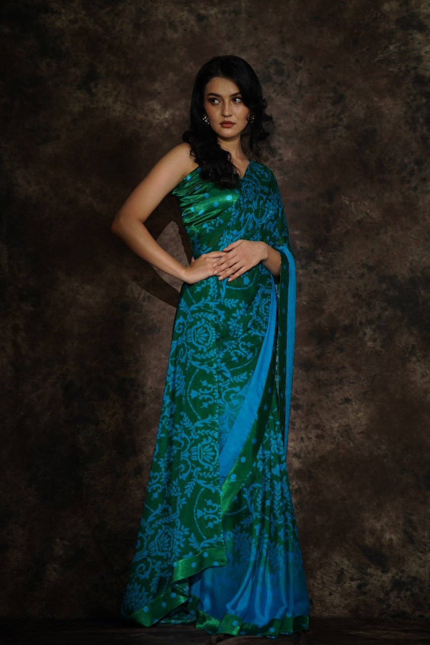 Manorama Jade Green Polka Dot Chiffon & Muslin Saree - Cocktail Party Wear