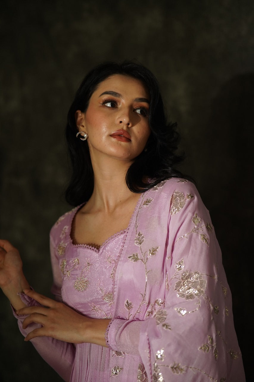 Manorama Lavender High Chiffon Anarkali with Crocia Borders - Wedding Wear Anarkali