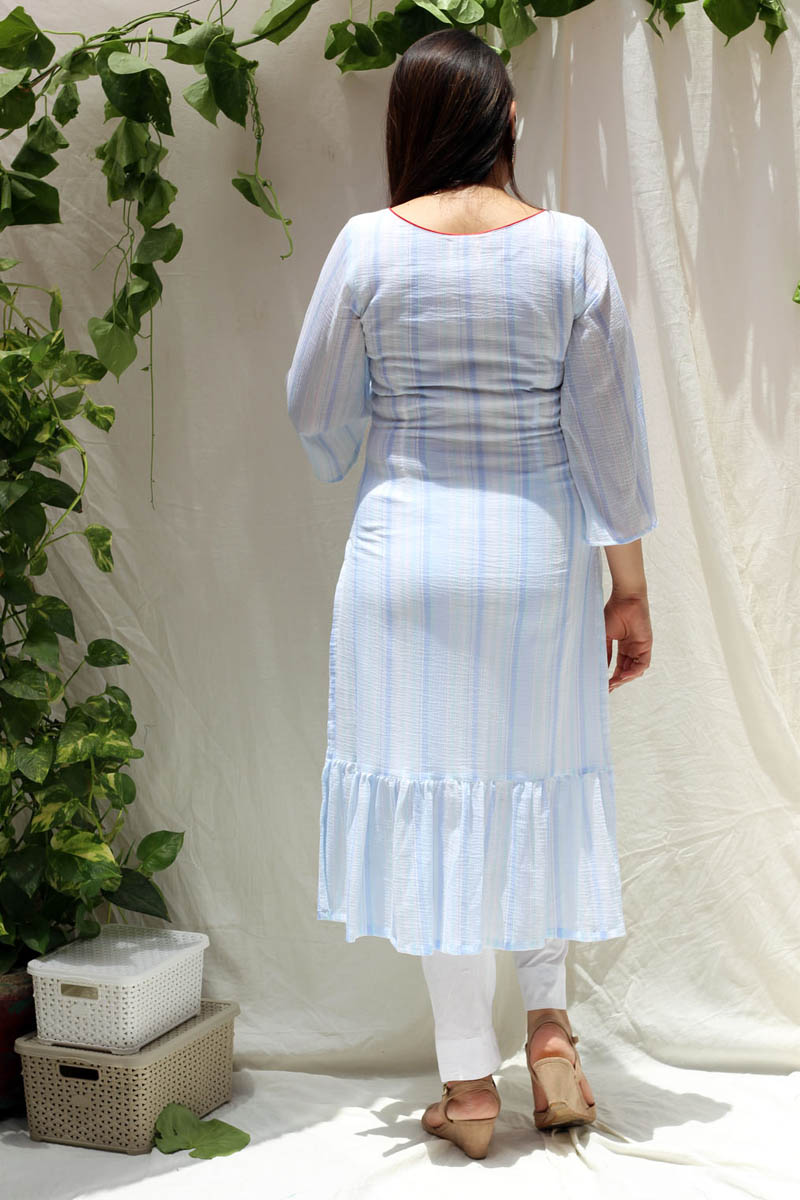 Modern Blue White Cotton Striped Ruffle Hem Kurta - Bella Blue